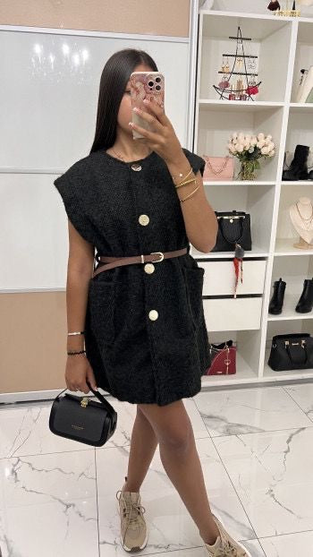 Veste manteaux sans manches boutons doré poches et ceinture